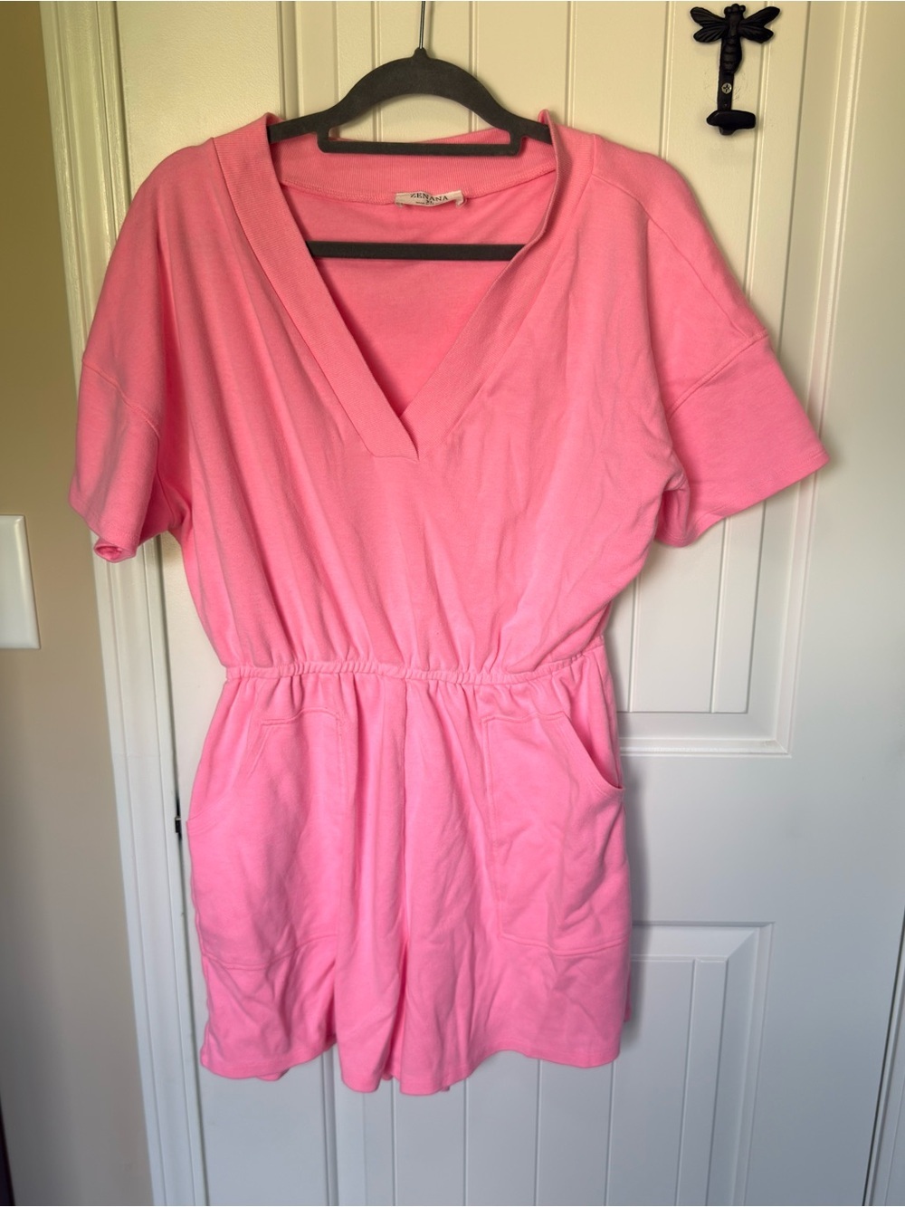 Zenana Pink V-Neck Short Sleeve Cotton Knit Romper w/ Pockets Elastic XL